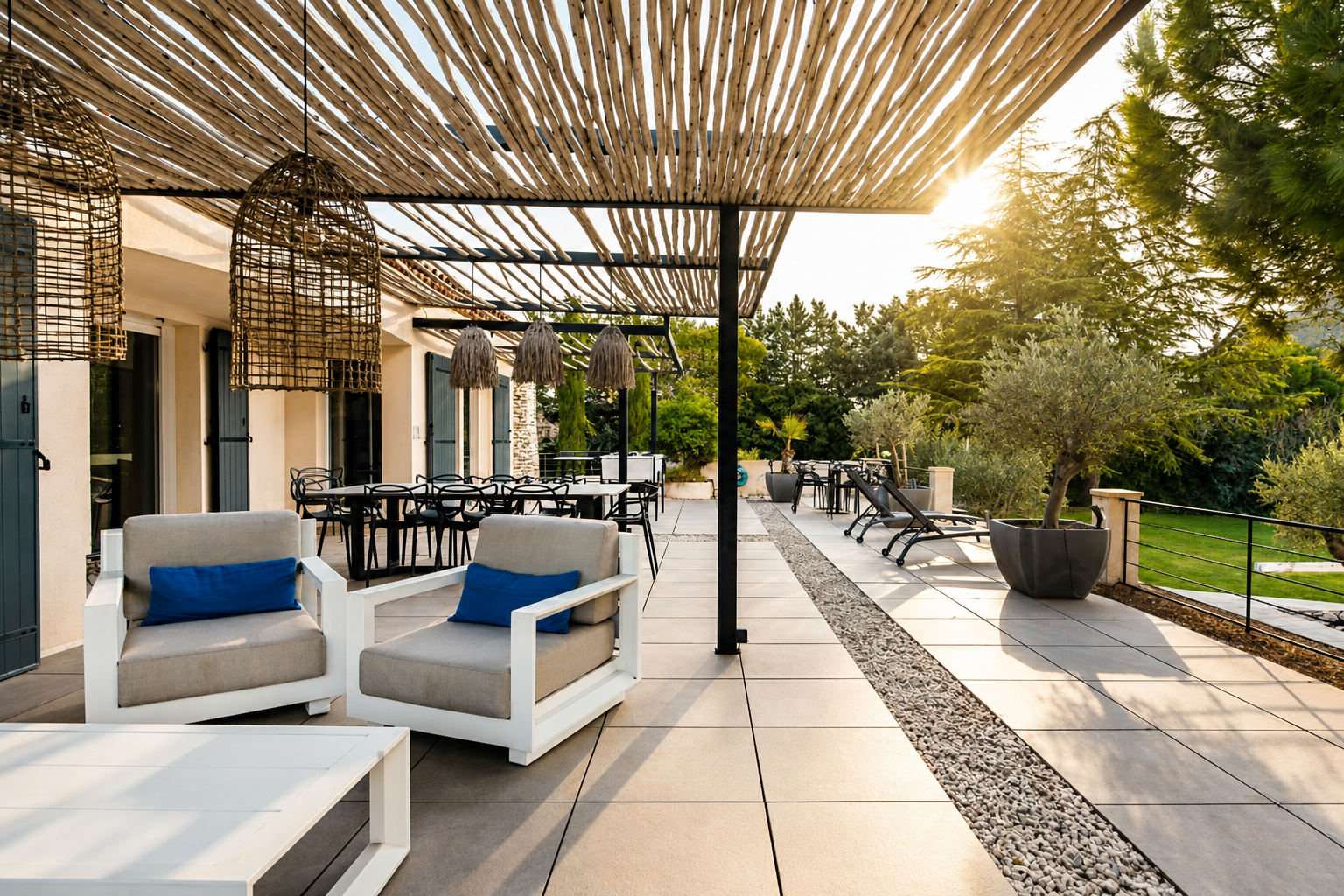 Terrasse ombragée sous pergola — Villa des Lys Puyricard